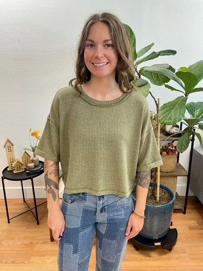 Olive Cropped Rolled Sleeve Top