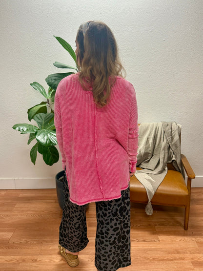 Fuchsia Washed Waffle Oversized Top