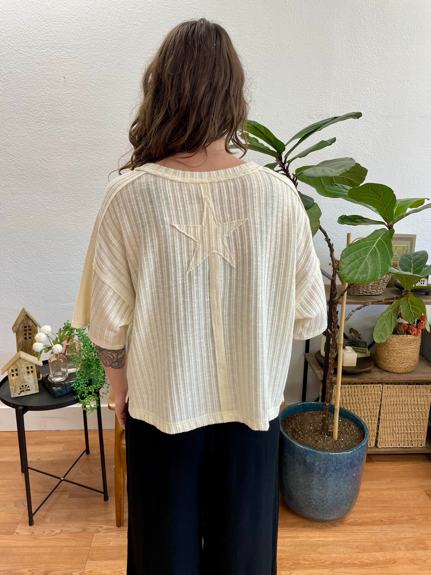 Cream Star Patch Ribbed Top