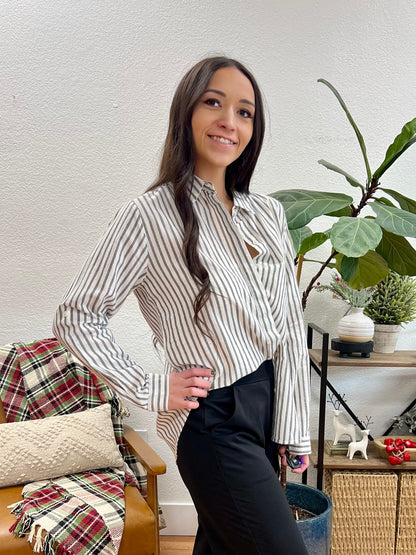 Black Rolled Sleeve Striped Shirt