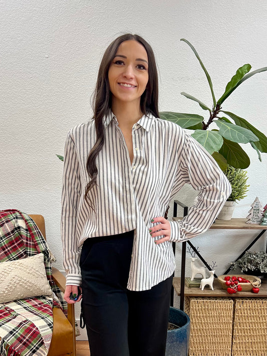 Black Rolled Sleeve Striped Shirt