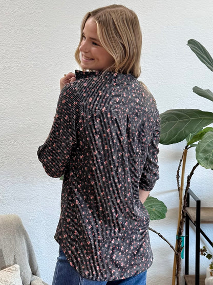 Ribbed Floral Print Washed Black Top