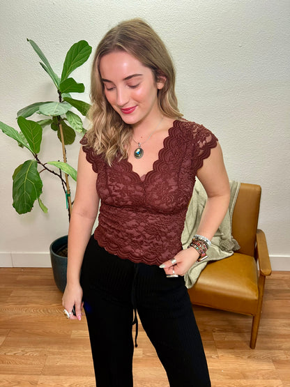 Brown Lace Scallop Top