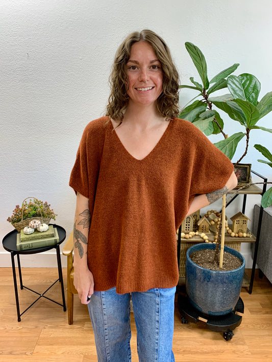 Rust V Neck Short Sleeve Sweater
