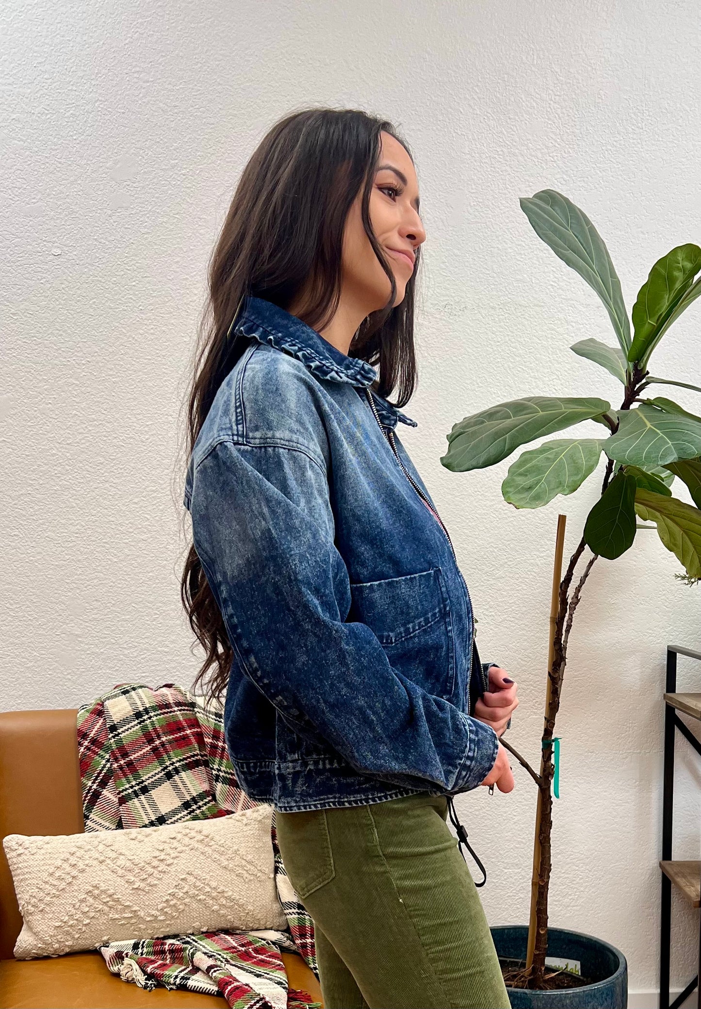 Denim Ruffle Collar Bomber Jacket