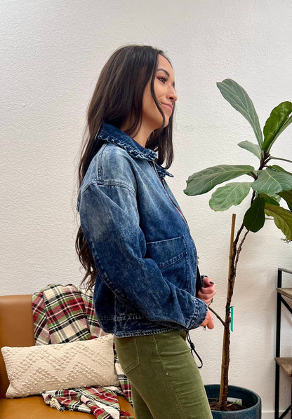 Denim Ruffle Collar Bomber Jacket