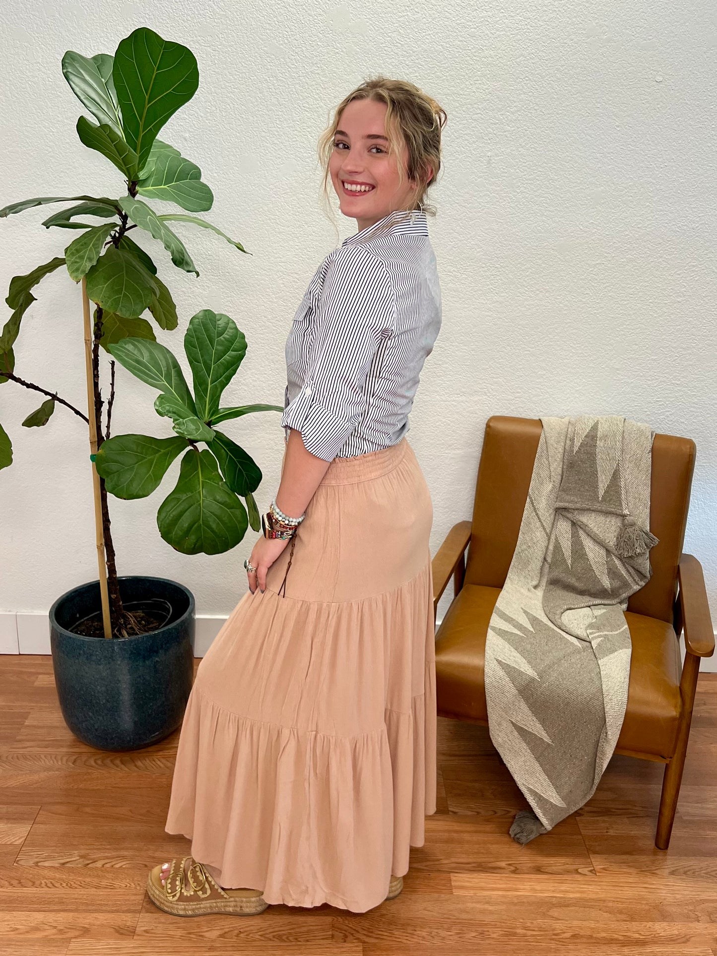 Taupe Smocked Tiered Maxi Skirt