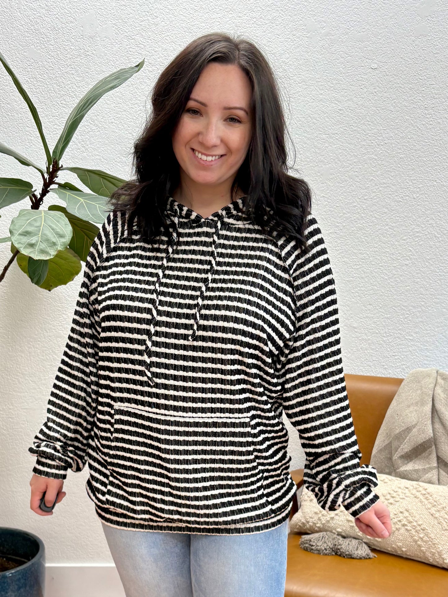 Black/Cream Stripe Ribbed Hoodie
