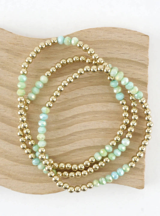 3 PC Round Metallic Glass Beads Stretch Bracelets: Gold Green