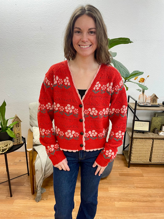 Red Floral Graphic Cardigan