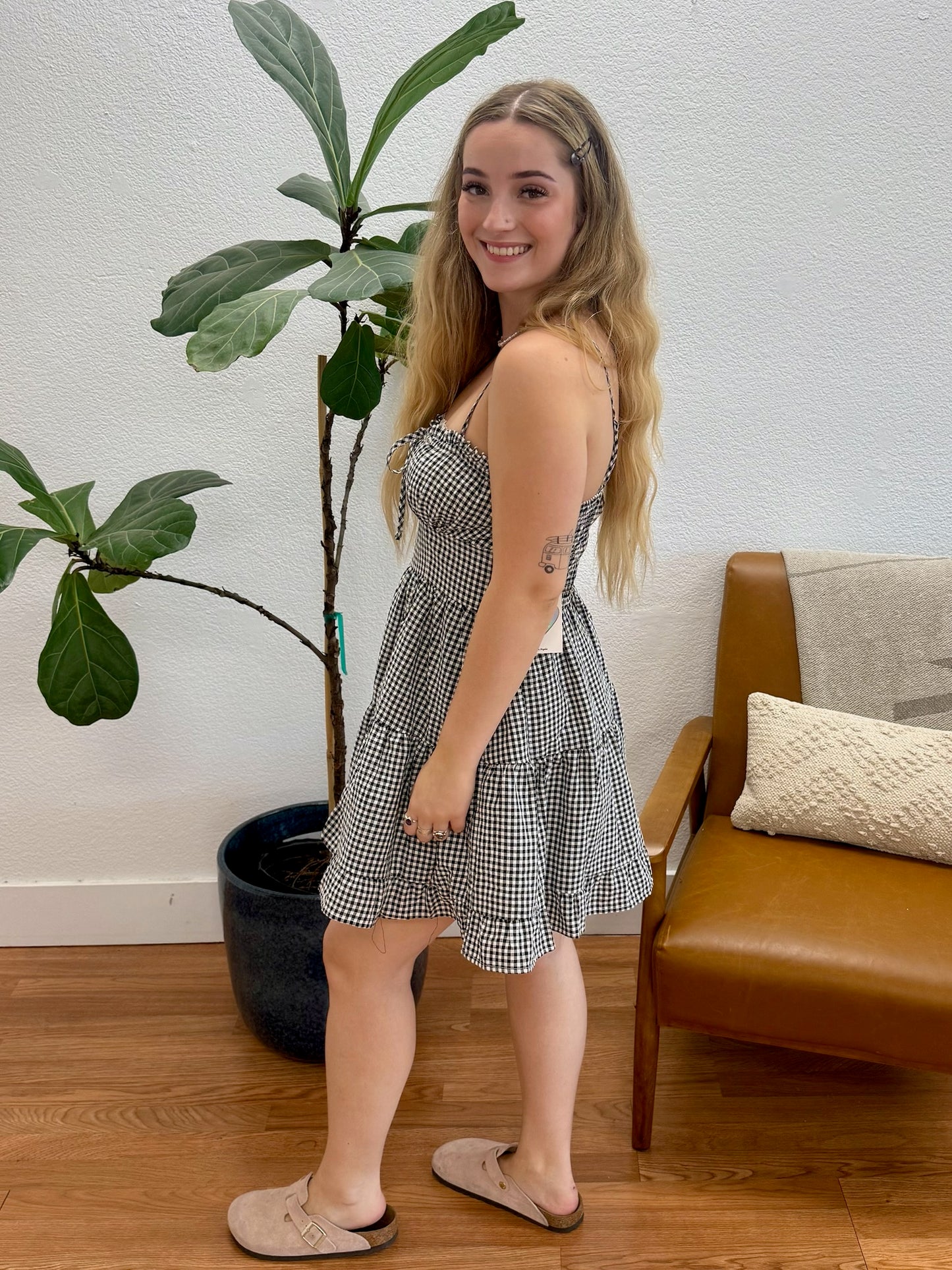 Black Gingham Tiered Smock Dress