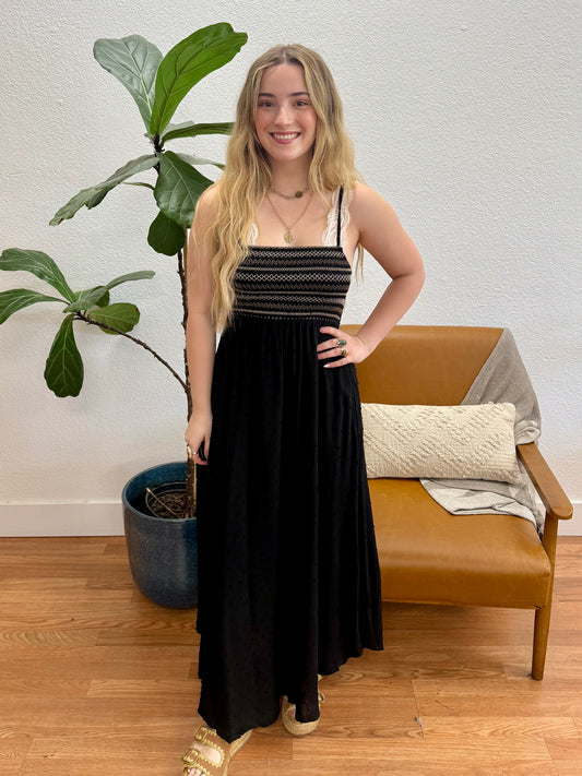 Black Embroidered Dot Maxi Dress