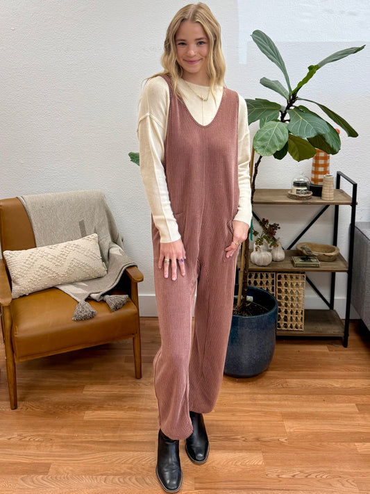 Rust Sleeveless Ribbed Jumpsuit