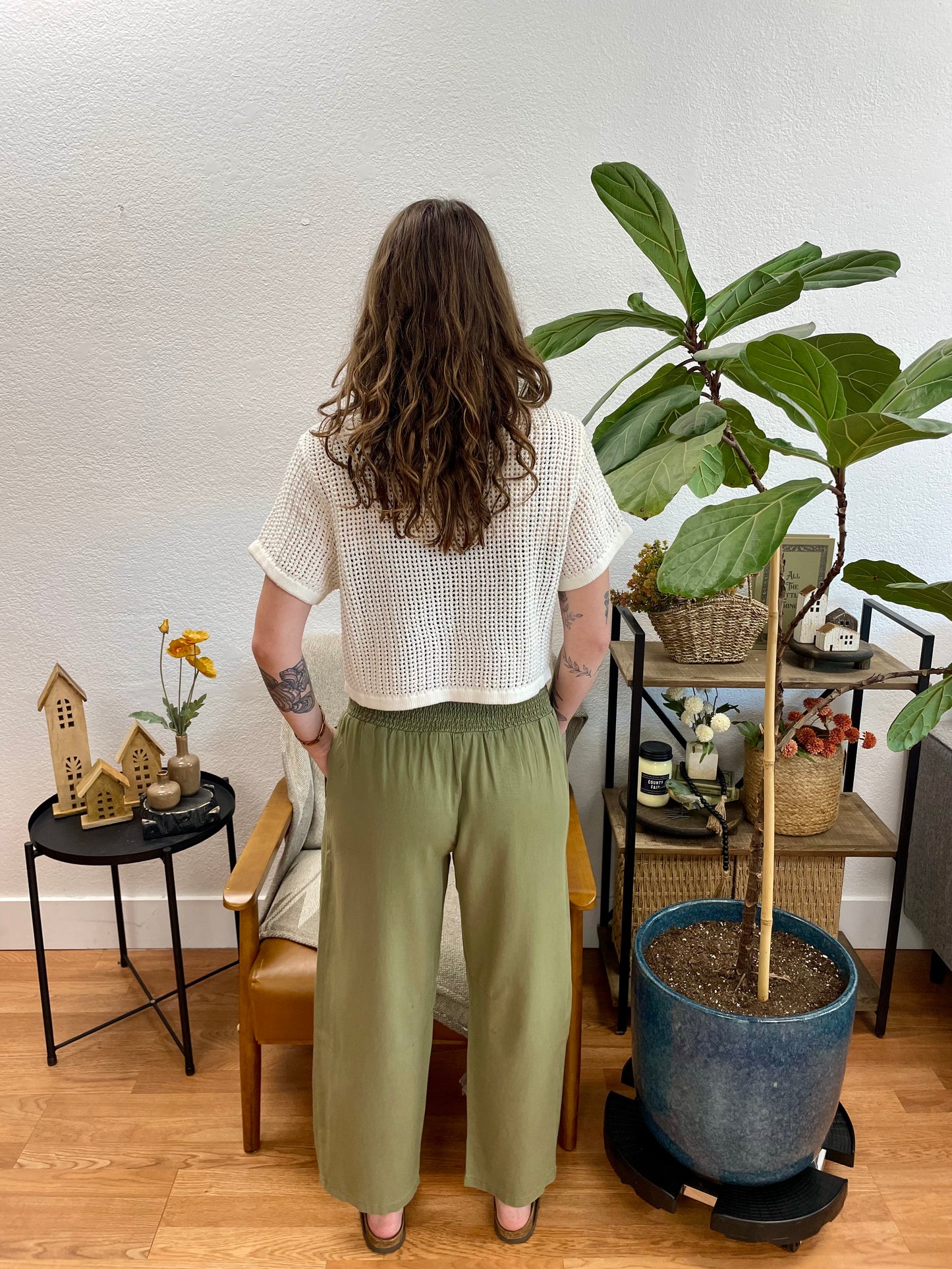 Olive Smocked Waist Relaxed Pants