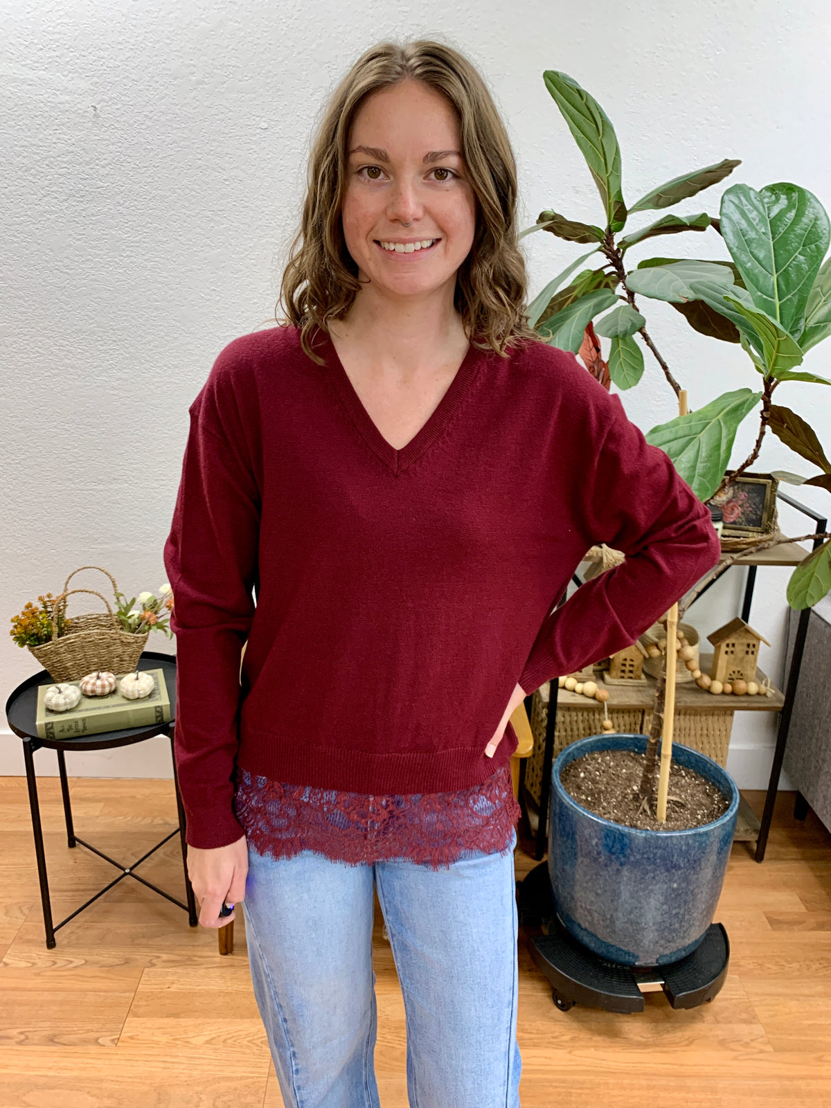 Wine Lace Hem Sweater