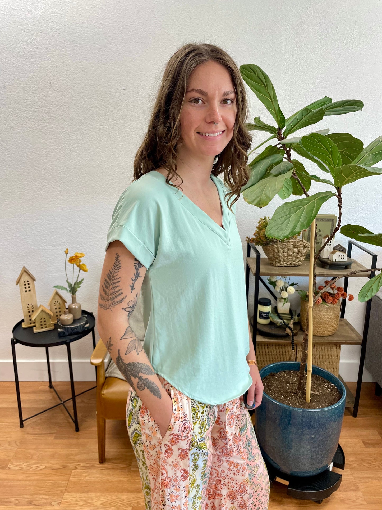 Light Sage V-Neck Pintuck Top
