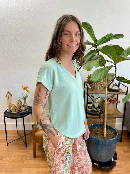 Light Sage V-Neck Pintuck Top