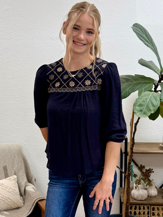 Navy Floral Embroidered Yoke Blouse