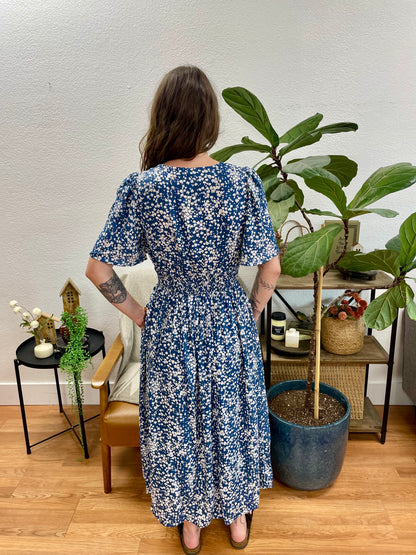 Blue Floral V Neck Dress