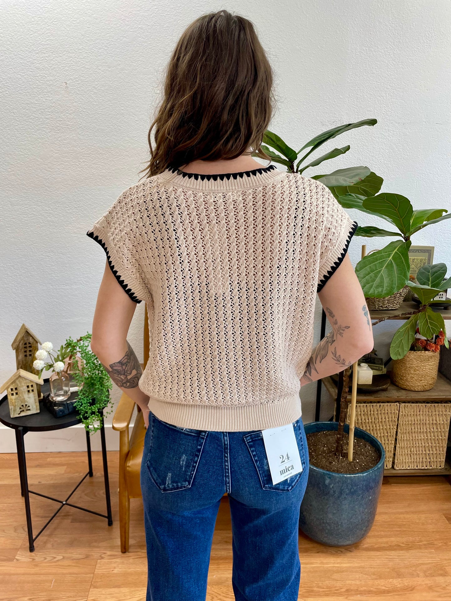 Khaki Contrast Trim Short Sleeve Sweater