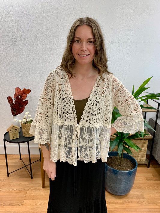 Natural Floral Lace Short Sleeve Cardigan