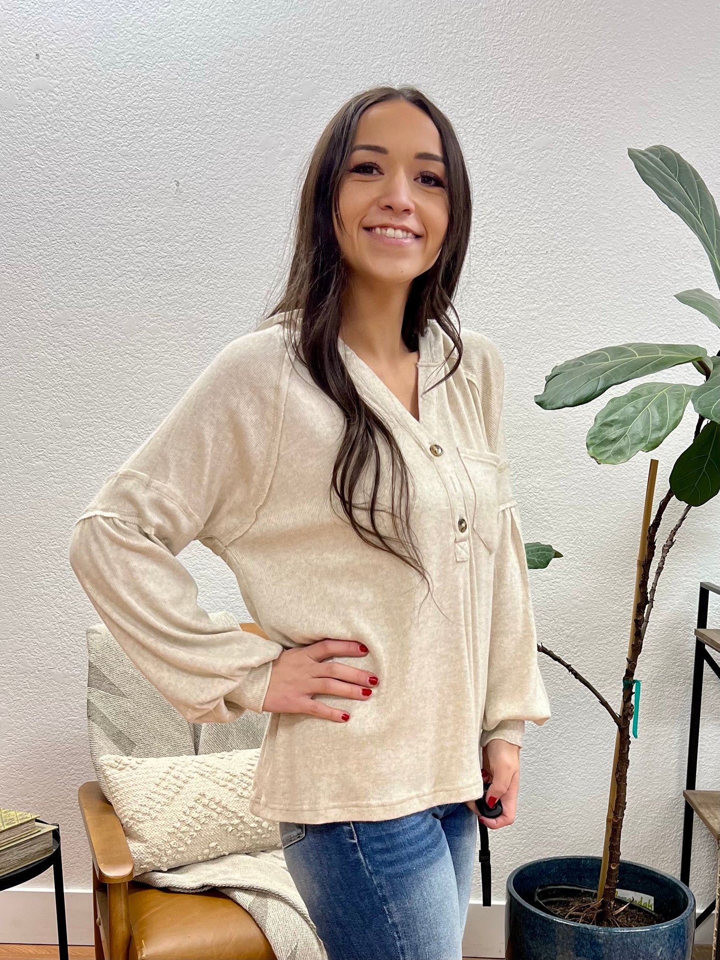 Oatmeal Knit Henley Hoodie