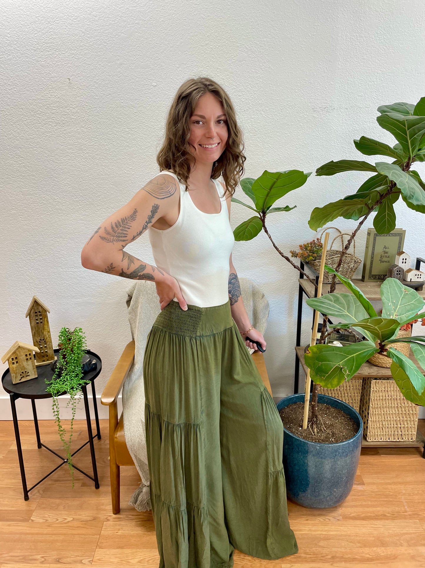 Olive Washed Wide Leg Pants