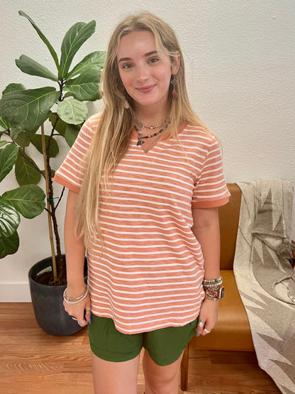 Coral Washed Striped Casual Top