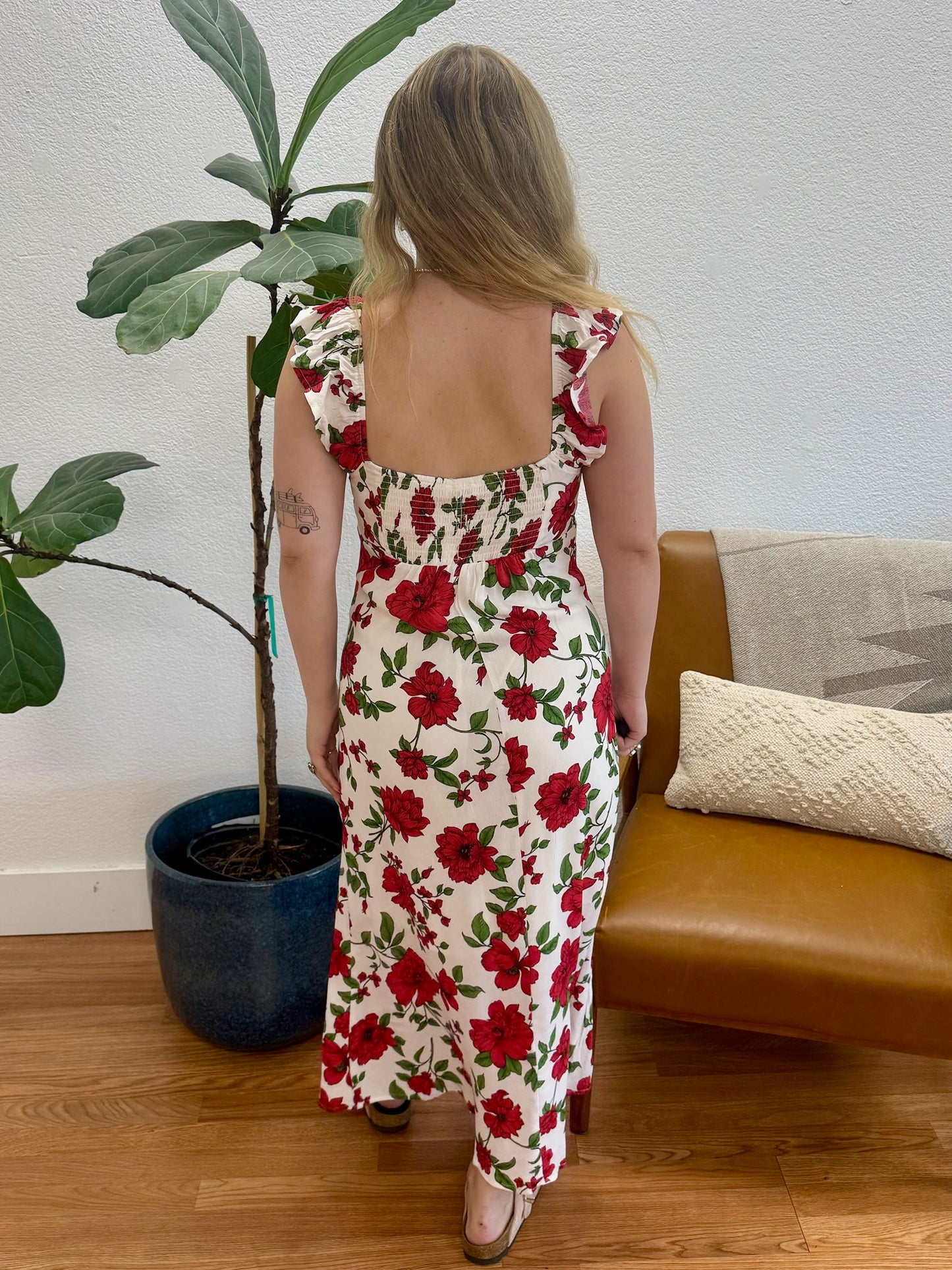 Cream Floral Cut Out Midi Dress