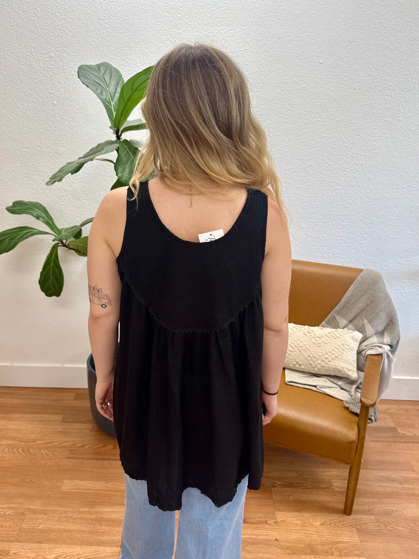 Black Lace Trim Button Tank