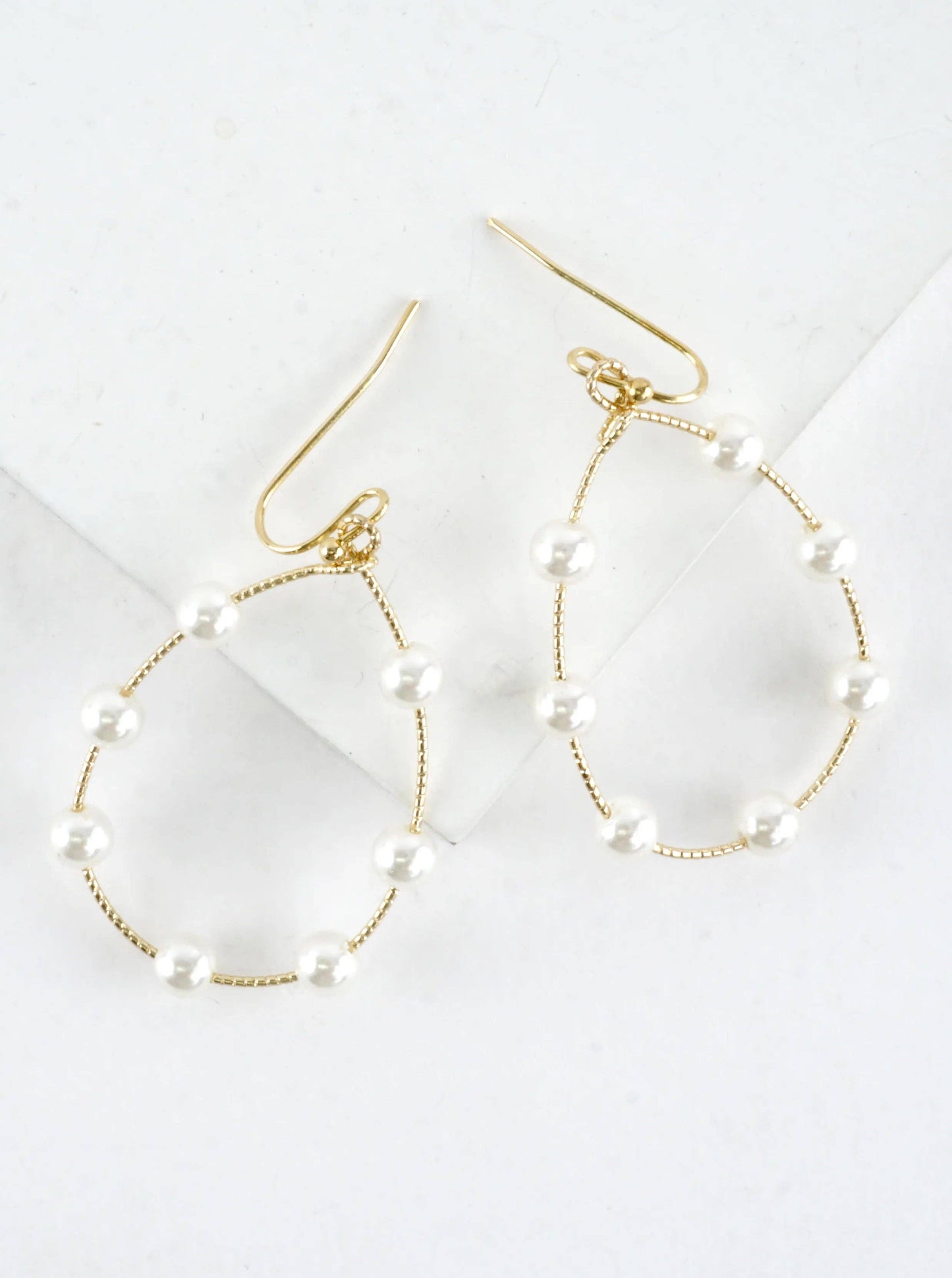 Gold Textured Wire Station Pearl Drop Earrings