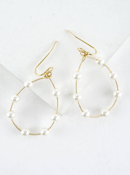 Gold Textured Wire Station Pearl Drop Earrings