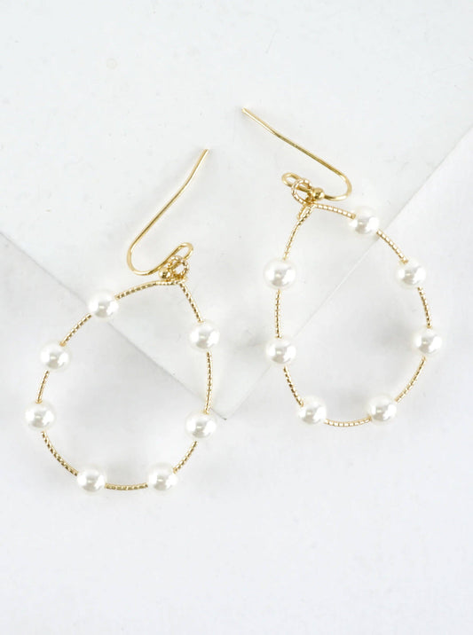 Gold Textured Wire Station Pearl Drop Earrings