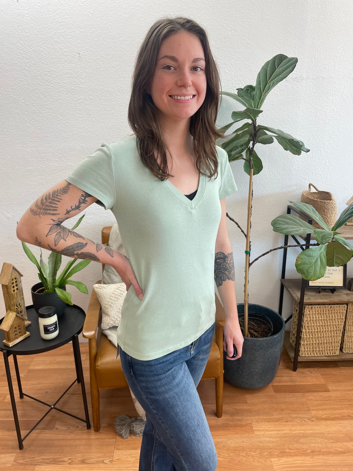 Sage Classic Slim V Neck Tee