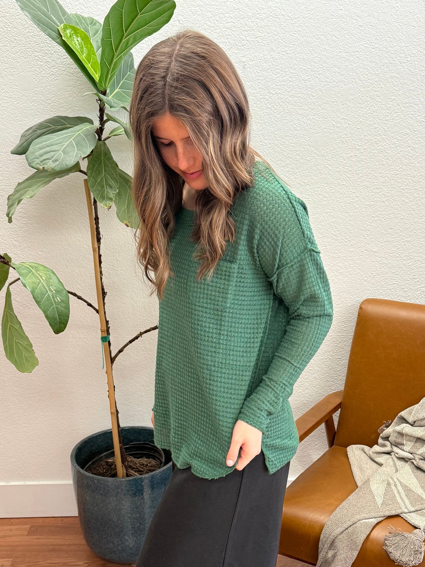 Hunter Green Scoop Neck Patch Sweater