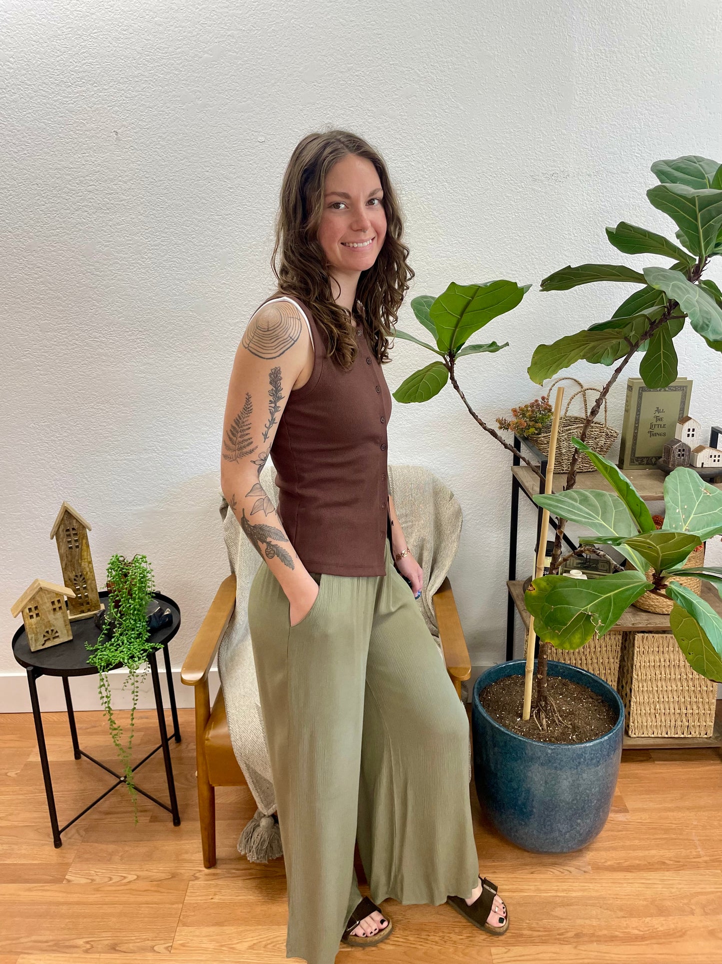 Dusty Olive Smocked Gauze Pants
