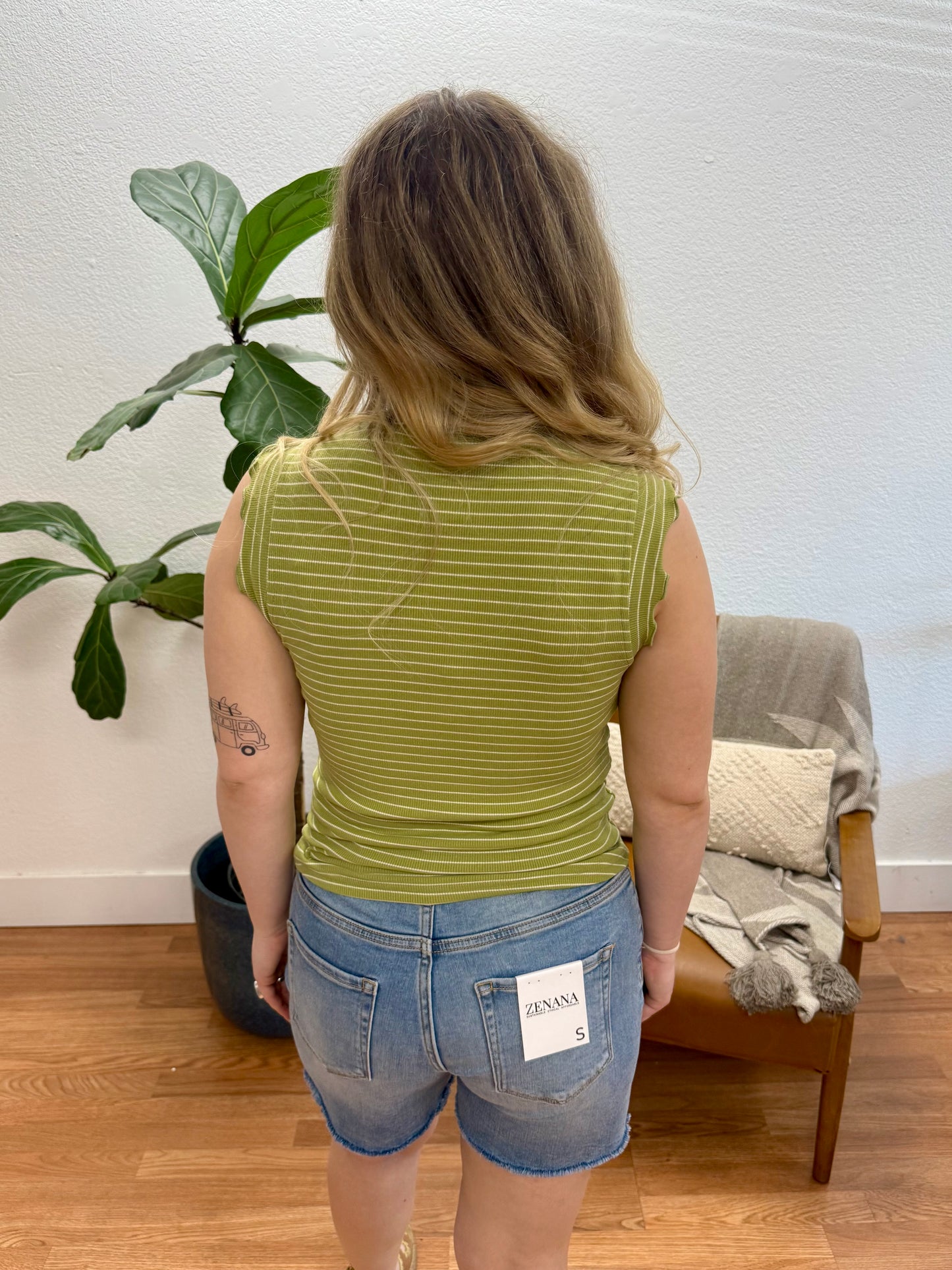 Light Olive Brushed Striped Ruffle Tank