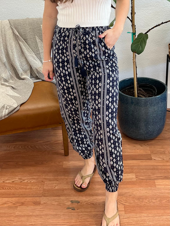 Navy Printed Flowy Pants