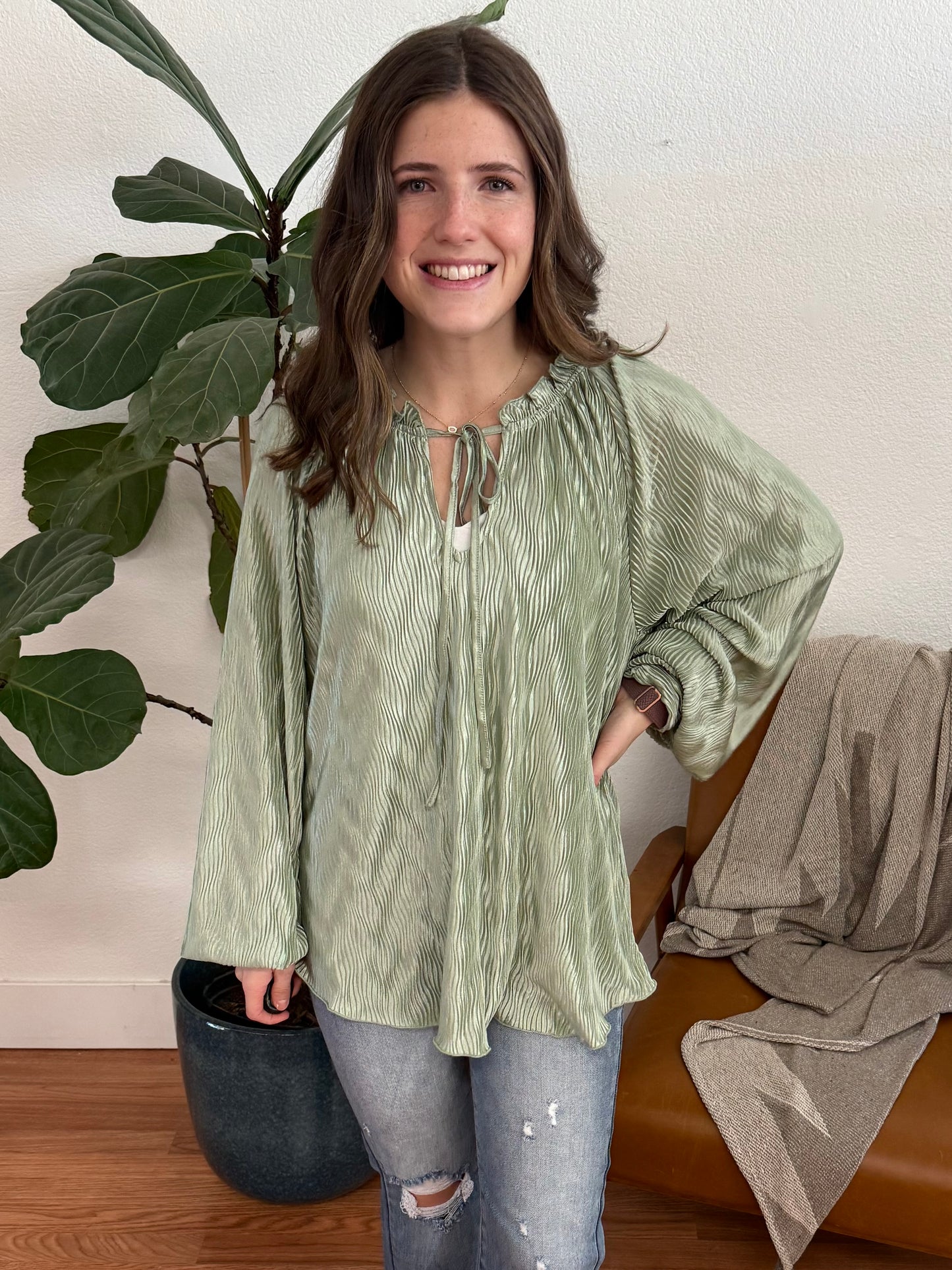 Sage Plisse Blouse