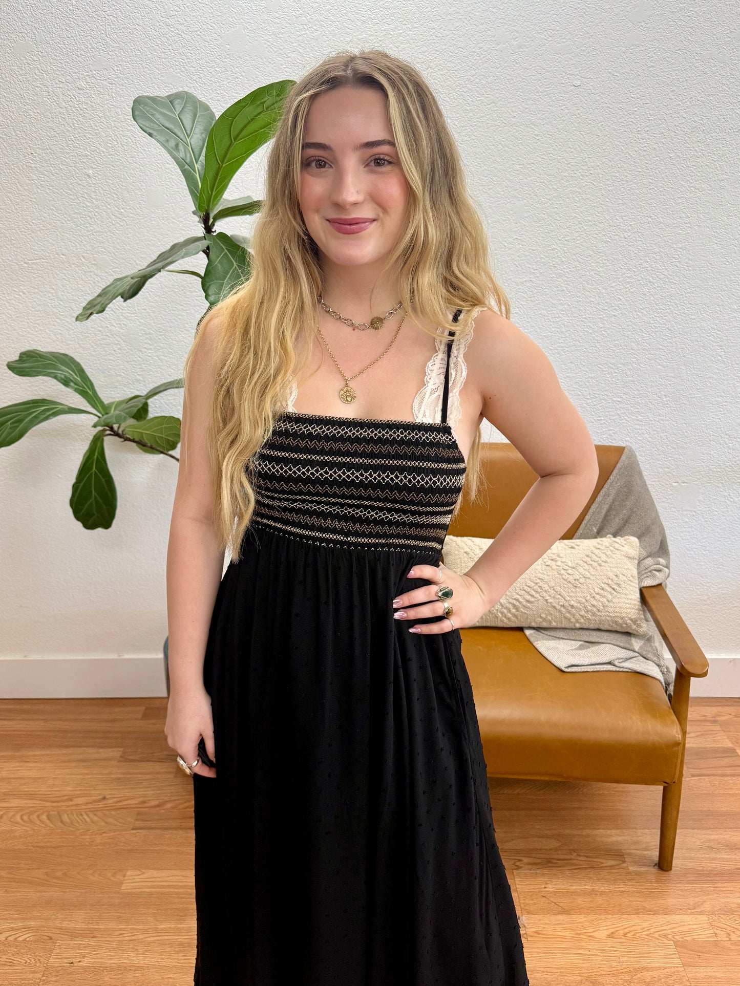 Black Embroidered Dot Maxi Dress
