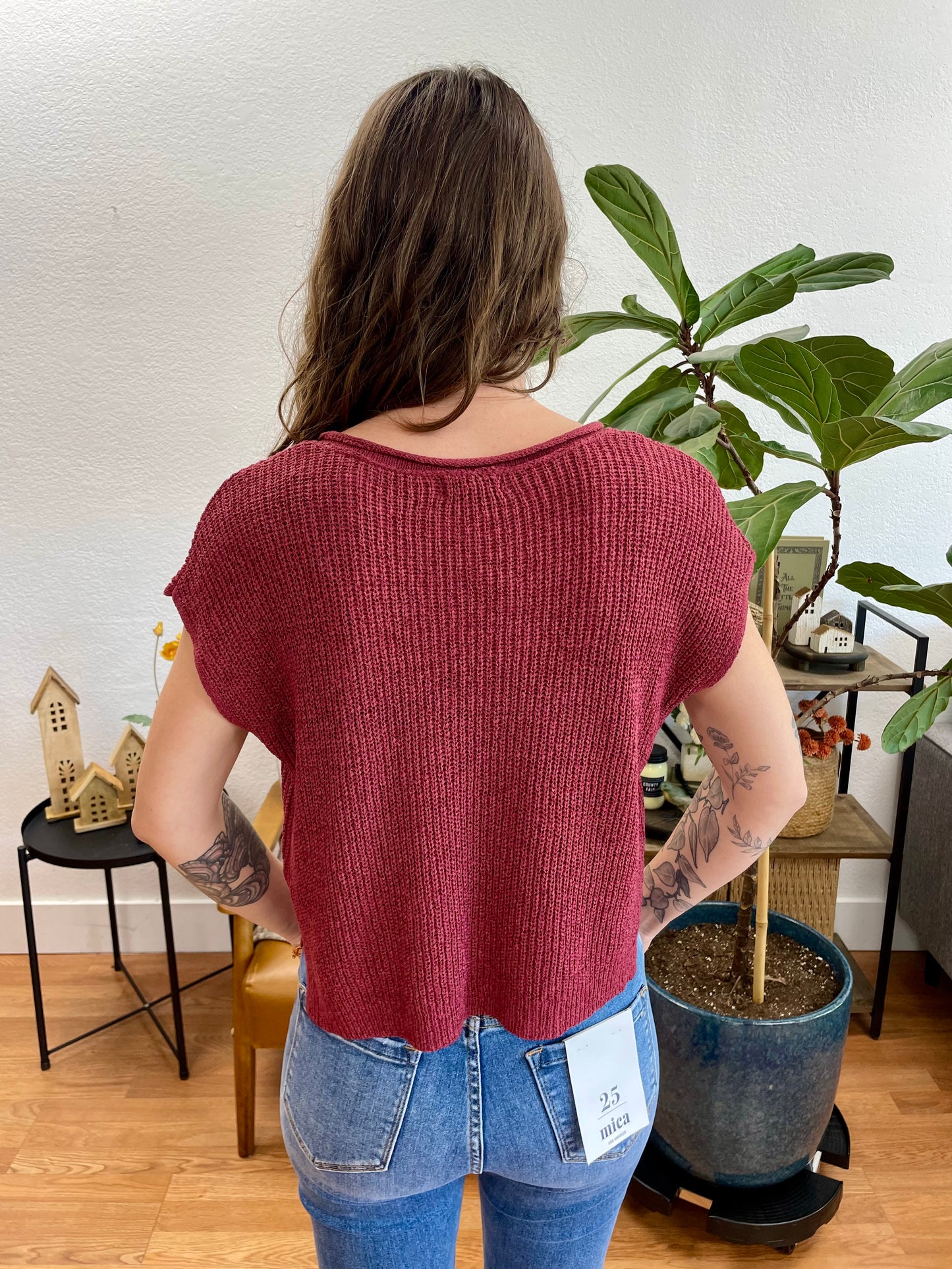 Maroon Split Neck Knit Top
