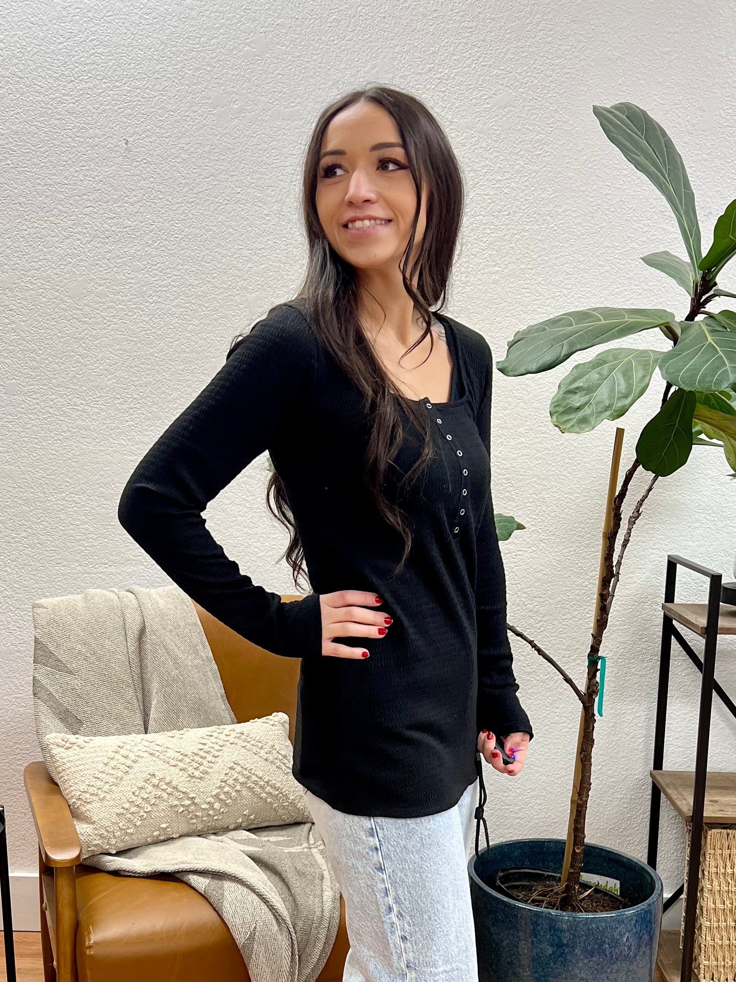 Textured Square Neck Long Sleeve