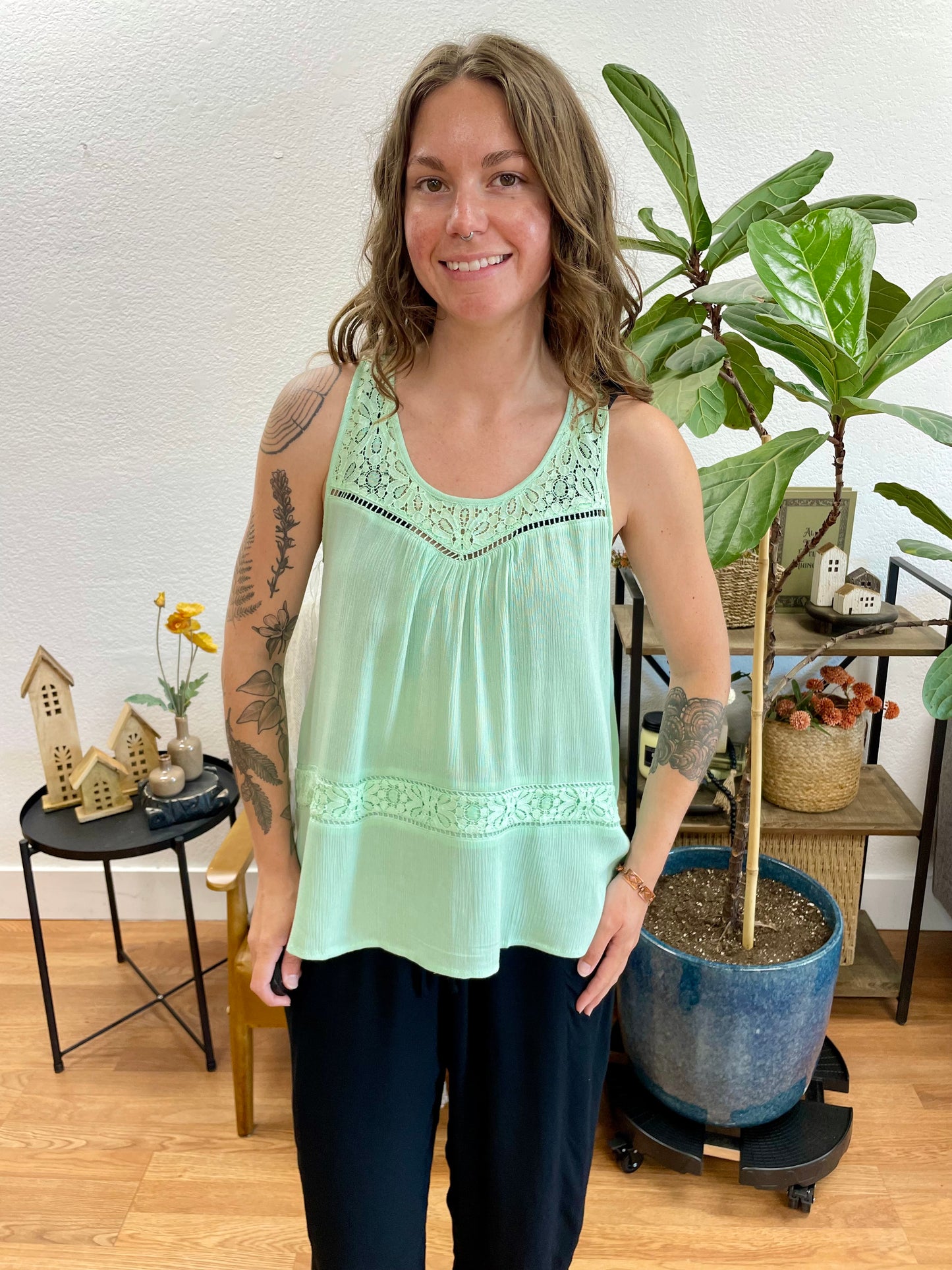 Sage Lace Trim Tank