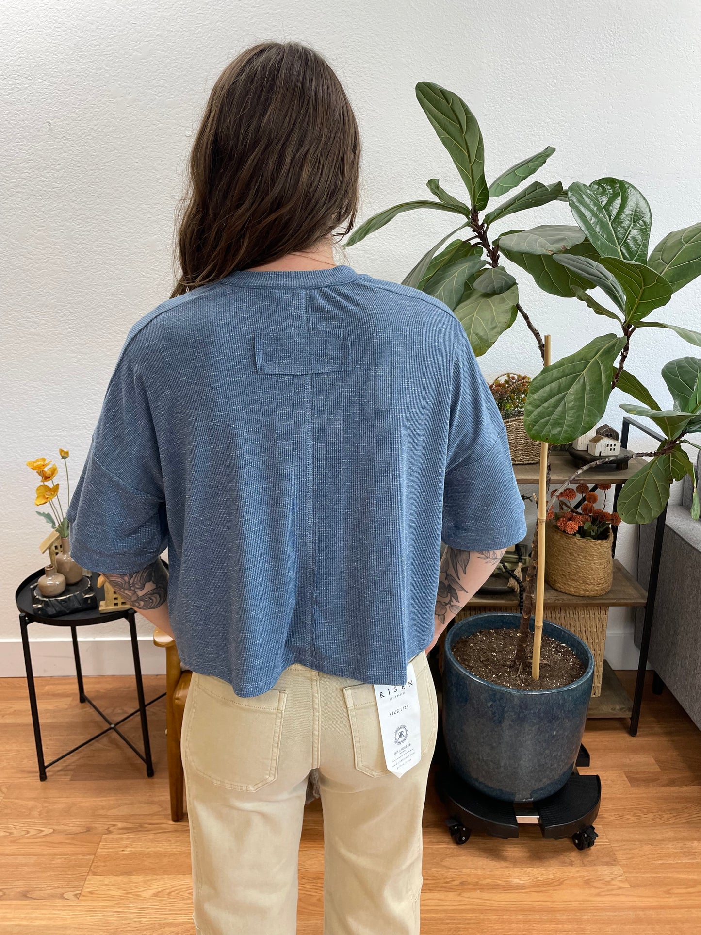 Slate Blue Round Neck Short Sleeve Sweater