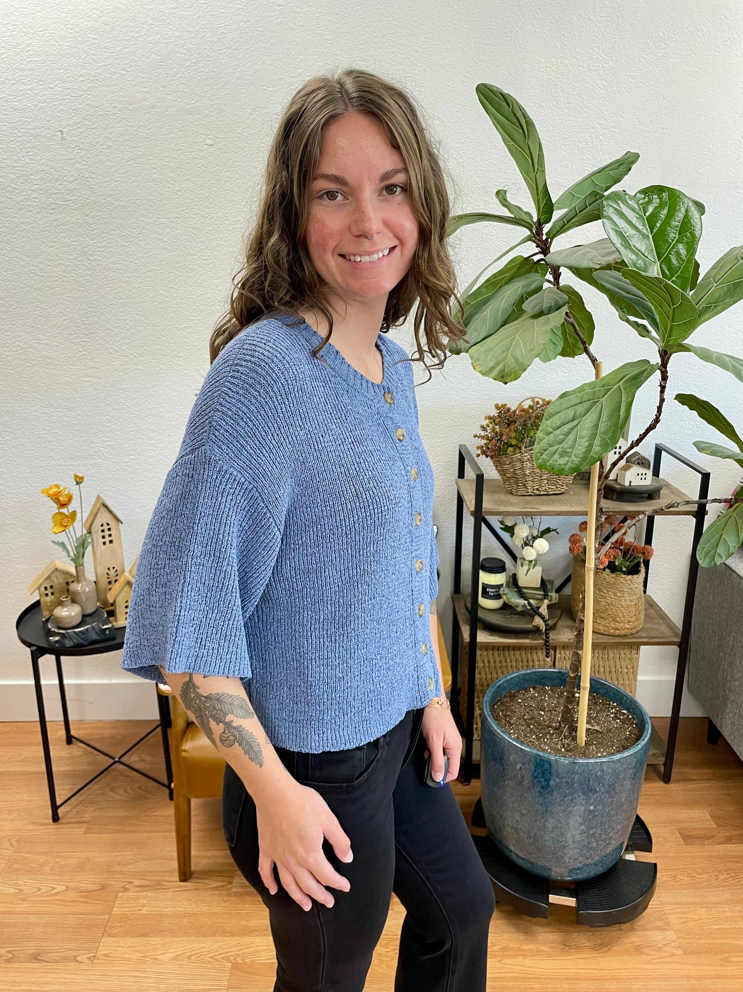 Blue Boxy Button Up Cardigan