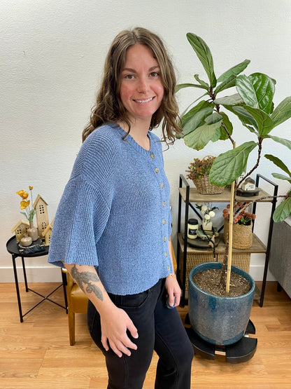 Blue Boxy Button Up Cardigan
