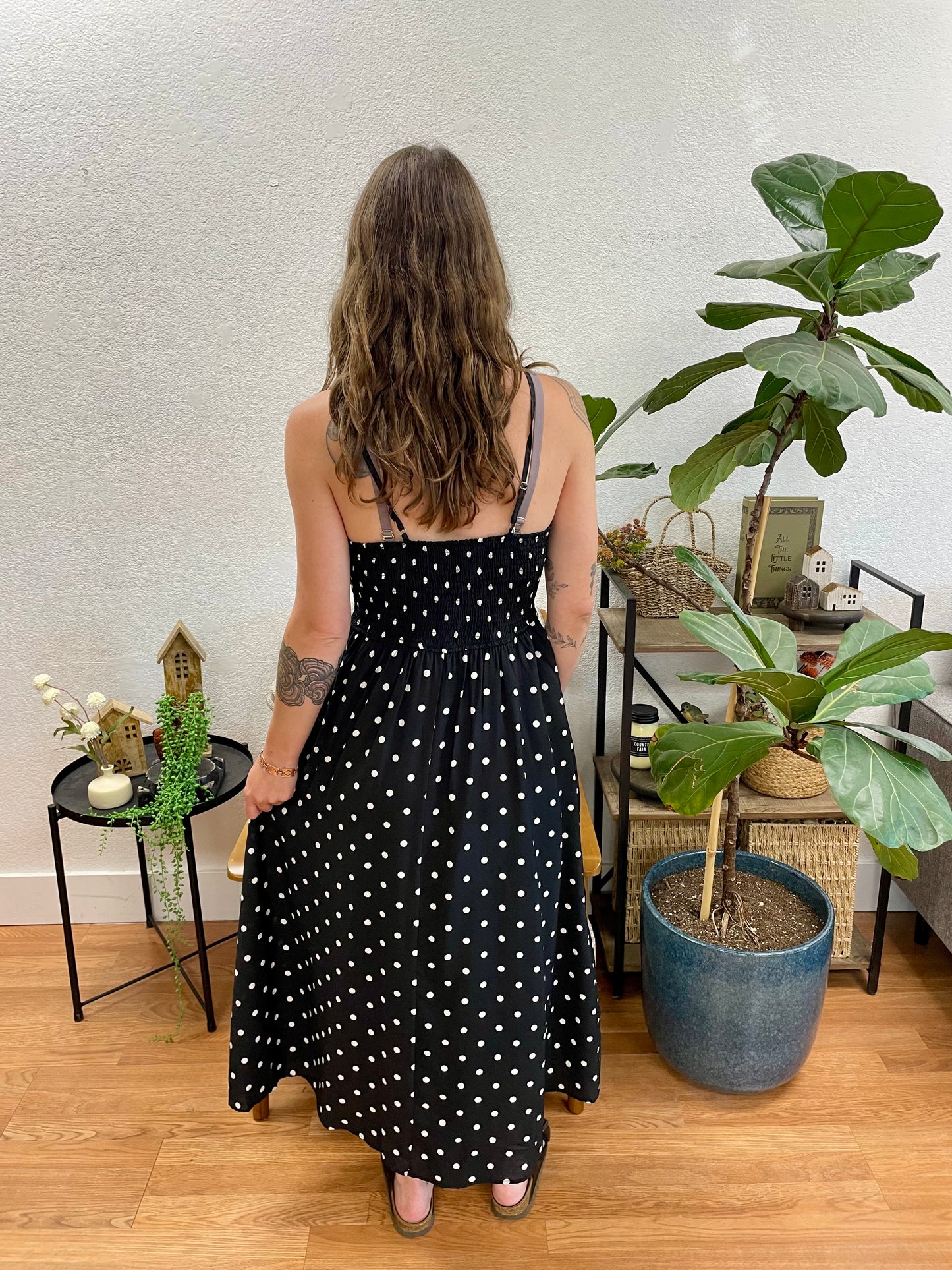 Black Polka Dot Basque Waist Midi Dress