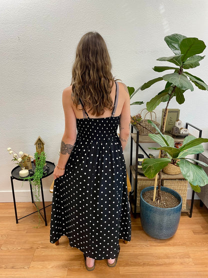 Black Polka Dot Basque Waist Midi Dress