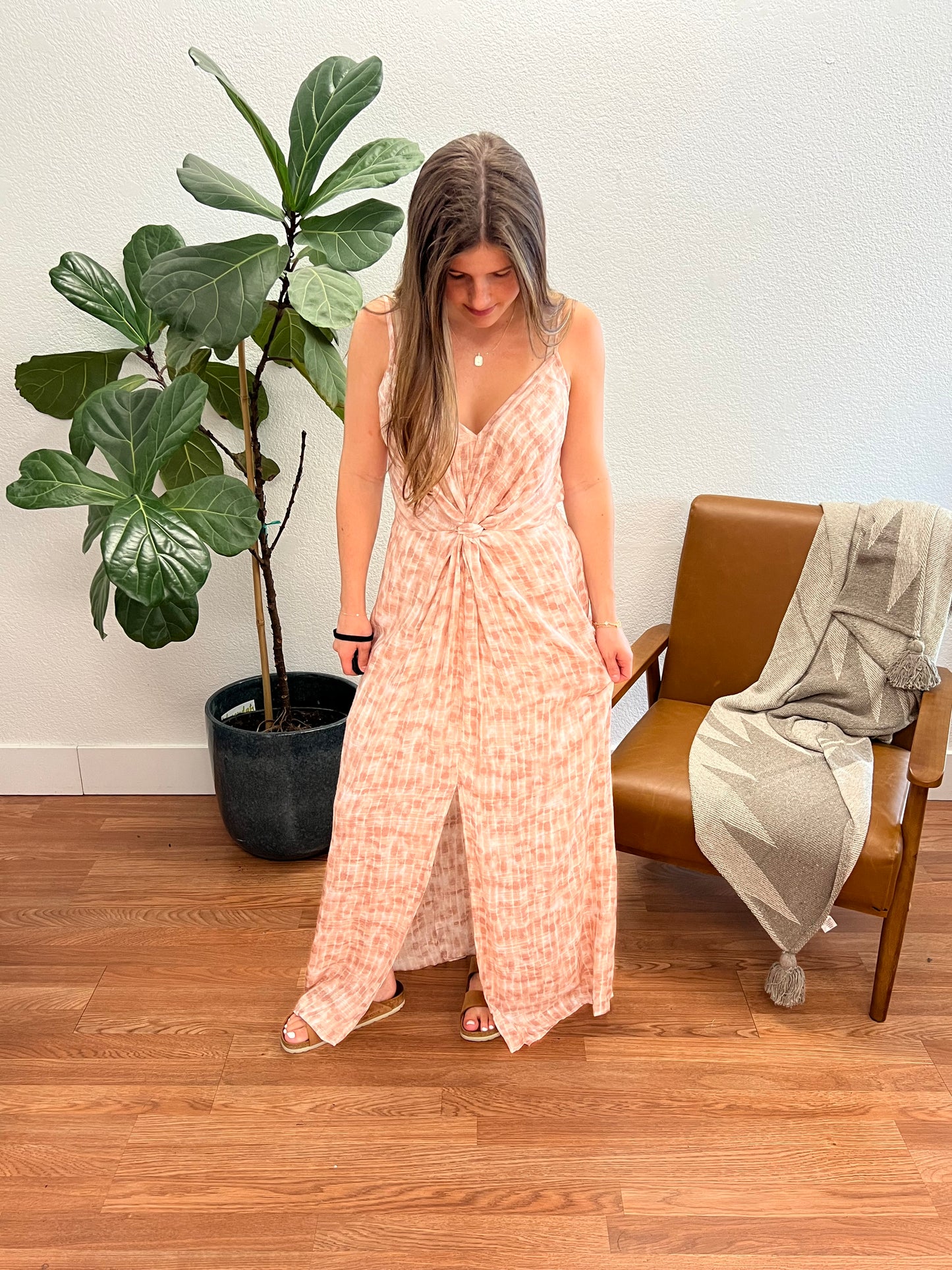 Dusty Peach Tie Dye Twist Front Maxi Dress