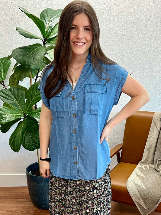 Blue Woven Button Up Top